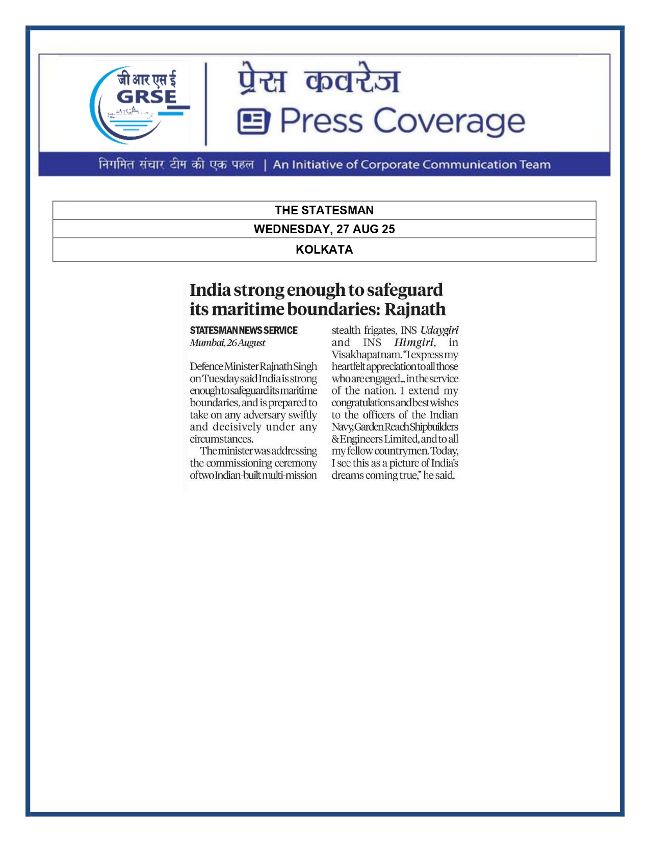 Press Coverage : 27 Aug 25:India will build its own warships,import no more:Rajnath